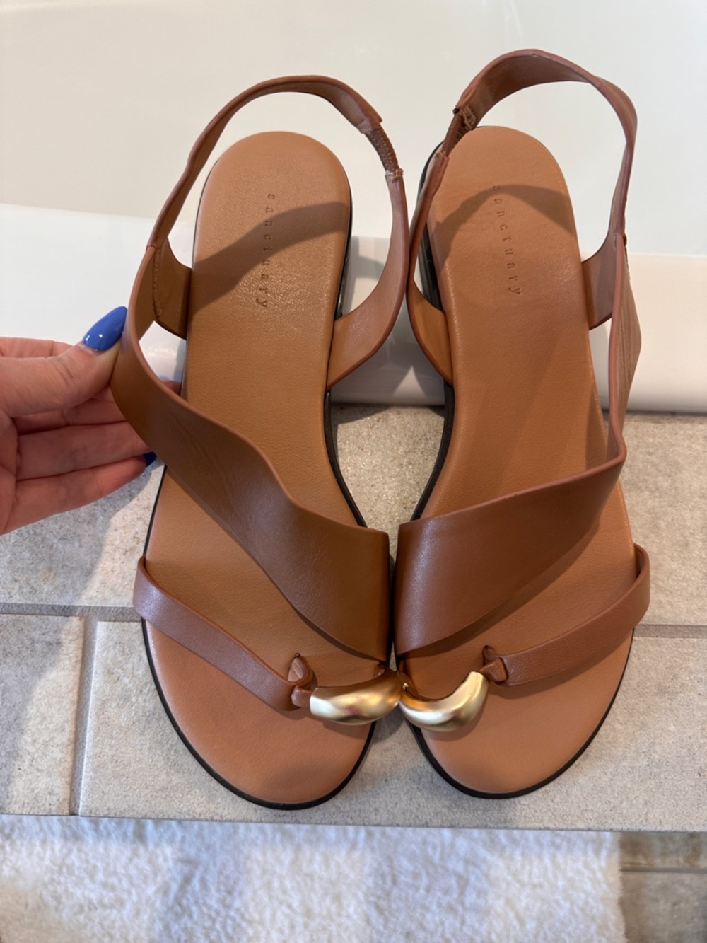 Sanctuary Tan Leather Slingback Sandals with Gold Accent
